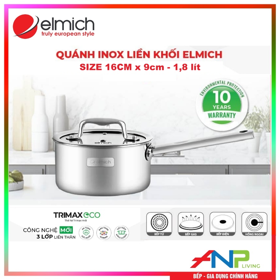 Bộ Nồi INOX 3 Lớp Liền Khối Elmich Trimax ECO EL-8005 (Bộ 3 Nồi Size 18, 20, 26cm &amp; Quánh Size 16cm) - HÀNG CHÍNH HÃNG