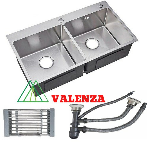 Chậu rửa chén bát inox Valenza 8245 hai hố cân kèm rá inox đa năng, bộ xiphong xả chậu