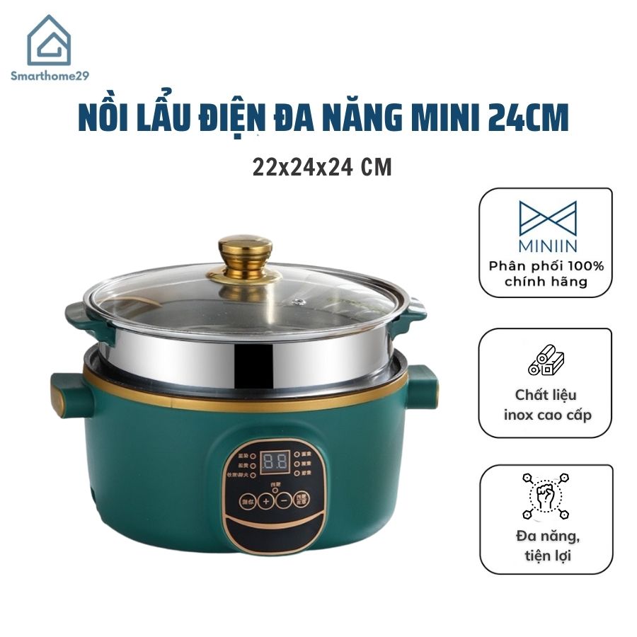 Nồi Đa Năng Mini 24cm, Nồi Lẩu Điện Đa Năng Chống Dính 6 Chế Độ, Chiên, Xào, Hấp, Nấu Cơm, Nấu Lẩu (Kèm Lồng Hấp Inox) - Hàng chính hãng MINIIN 