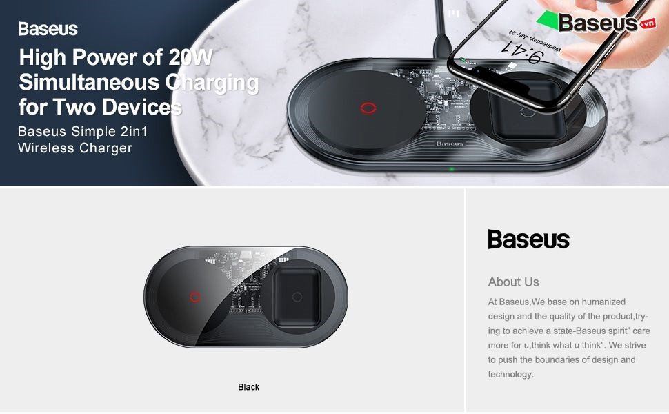 Bộ Đế Sạc Nhanh Không Dây 2 Trong 1 Baseus Simple Wireless Charger Turbo Edition (24w, Phone + Air Pods Pro) - Black Chính Hãng