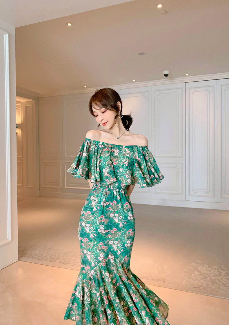 Hàng QC - Đầm body đuôi cá voan hoa 2 kiểu mặc (trễ vai hoặc cổ vuông) - D146296
