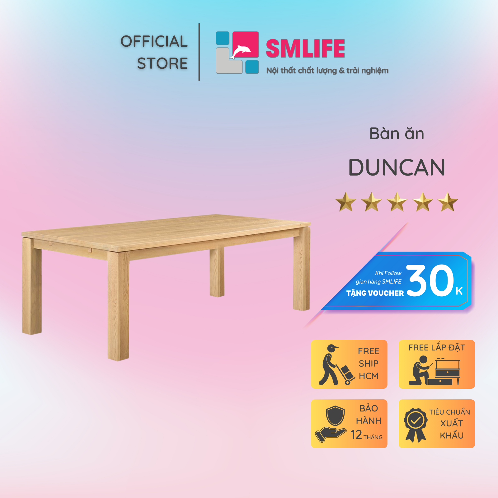 Bàn ăn cao cấp gỗ vân verneer sồi SMLIFE Duncan | D213,4 x R99,1 x C74,9cm | gỗ cao su và Veneer Sồi