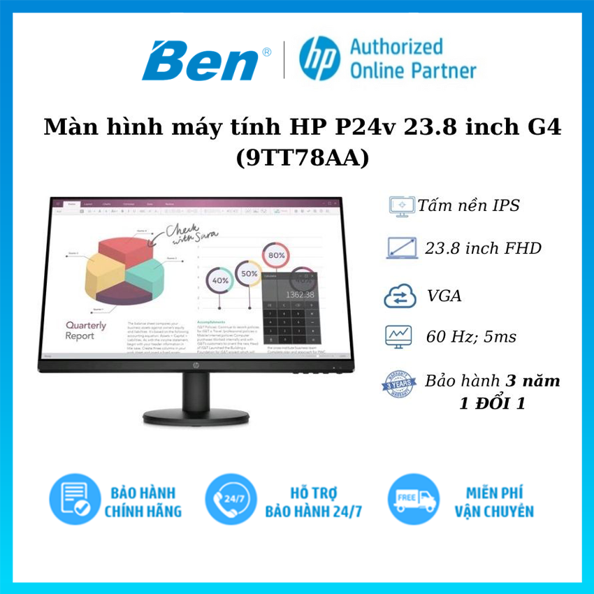 Màn hình vi tính HP P24v G4 23.8 inch IPS/1920 x 1080/VGA/ HDMI (9TT78AA) Bảo hành 03 năm -Hàng chính hãng