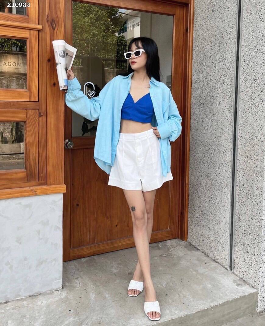 SET ÁO BRA CROPTOP DÂY XANH DƯƠNG + SƠ MI TAY DÀI PASTEL + QUẦN SHORTS NGẮN LƯNG CAO ỐNG RỘNG ĐI BIỂN