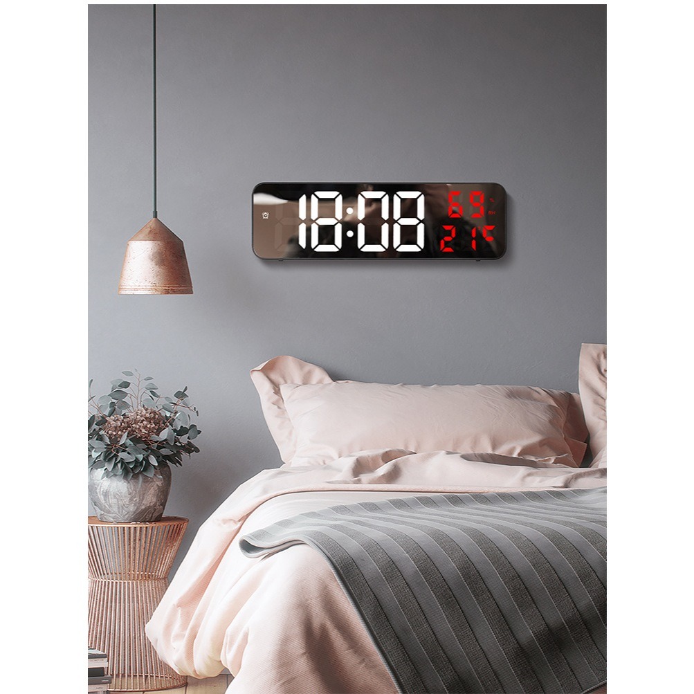 Đồng hồ báo thức LED treo tường Decor đo nhiệt độ,độ ẩm, ngày tháng màn gương led điện tử Laluna