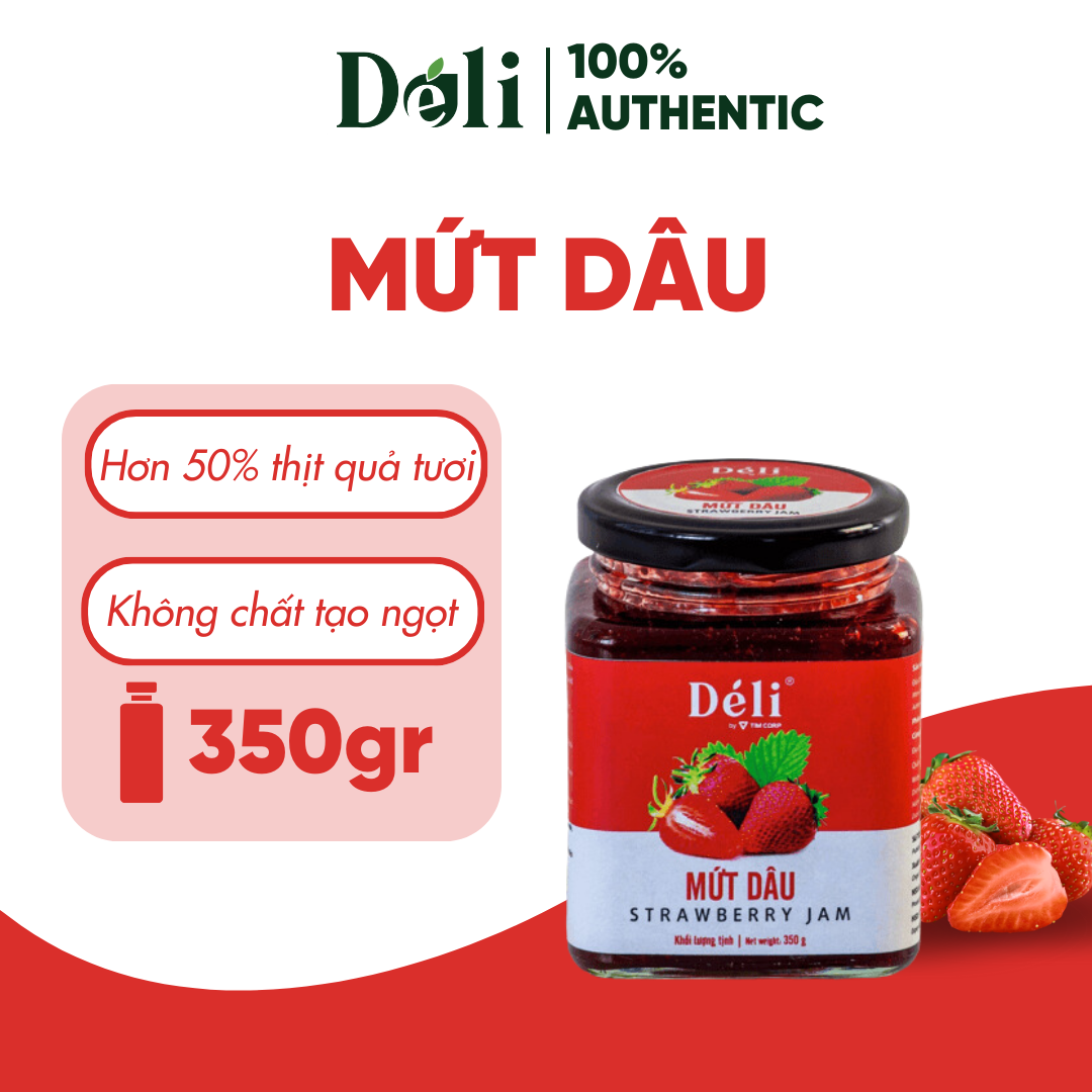 Mứt dâu Déli 350gr [HỦ NHỎ-TIỆN DỤNG] HSD: 18 tháng, nguyên liệu pha chế trà trái cây, soda,..