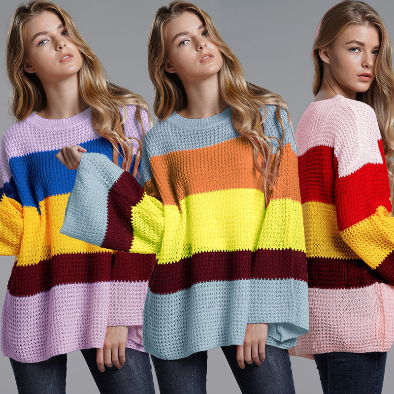 Women Loose Striped Knitted Pullover Sweater Rain-bow Contrast Color Bell Long Sleeves O Neck Knitting Top