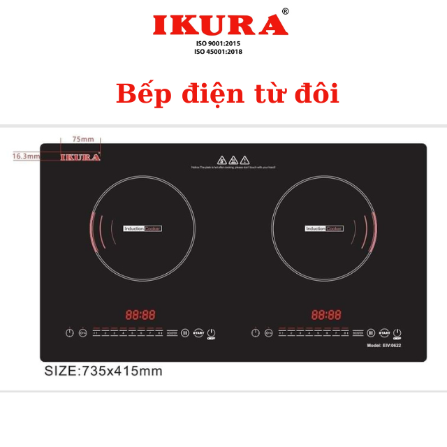 Bếp đôi điện từ IKURA - Bảng điểu chỉnh cảm ứng kiểu trượt - Khoá phím trẻ em - chức năng Boost - Hàng Chính Hãng