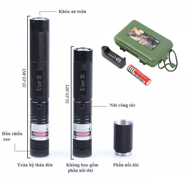 Đèn laser - bút laze lazer 303 tia xanh cực sáng công suất lớn chiếu xa 3km, có khóa an toàn, tặng kèm pin sạc 18650
