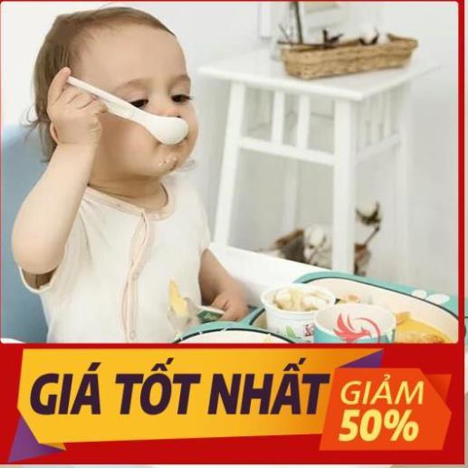 Bộ bát chén khay muỗng ăn dặm cho bé kiểu nhật 5 món đồ kèm thìa dĩa hình thú - bằng sợi tre an toàn FDA/EU
