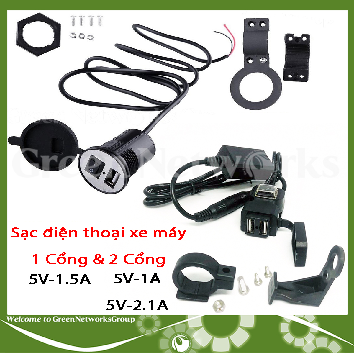 Sạc điện thoại lắp xe máy 2,1A 12V Green Networks Group