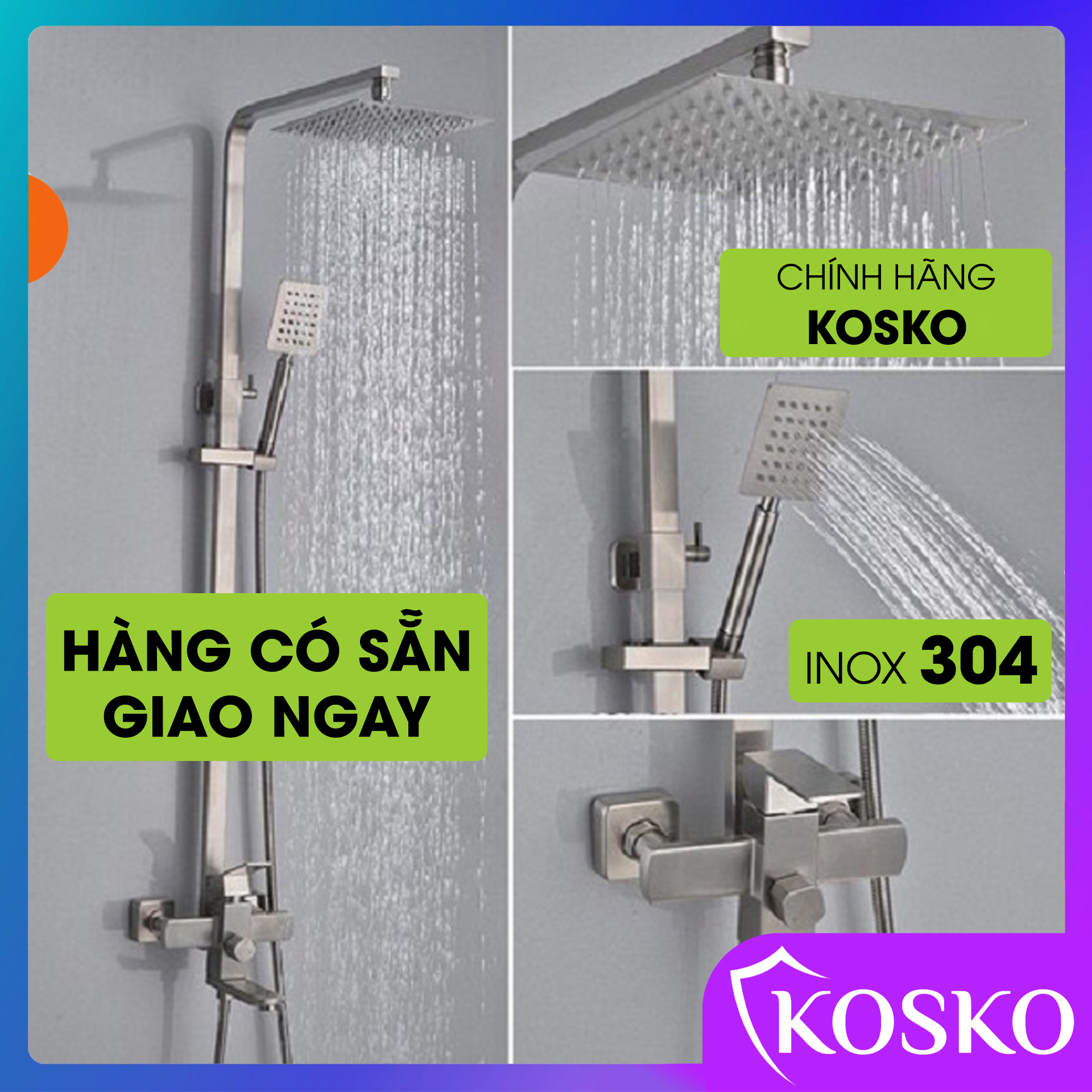 Sen cây tắm đứng nóng lạnh inox 304 KOSKO (BH 24 THÁNG), sen tắm nóng lạnh vuông