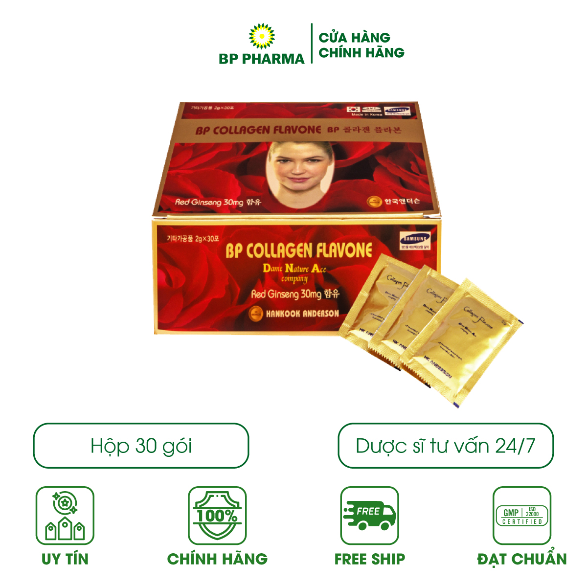 Bột Uống BP COLLAGEN FLAVONE Bổ Sung Collagen, Ngăn Ngừa Lão Hóa, Giảm Nếp Nhăn, Thâm Nám Giúp Da Khỏe - Hộp 30 Gói x2g