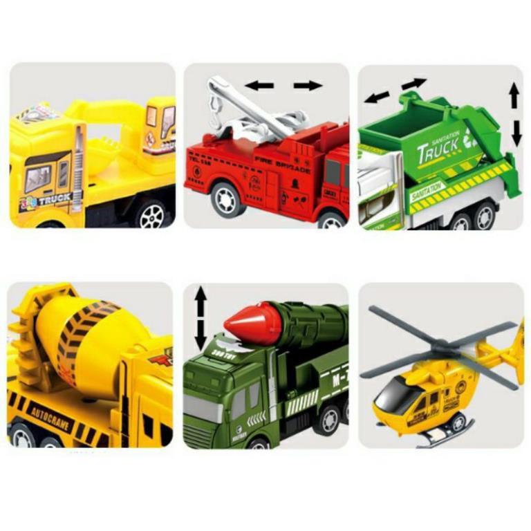 Set 6 ô tô mô hình công trình xây dựng, xe môi trường ,xe quân đội, xe cứu hỏa cho bé