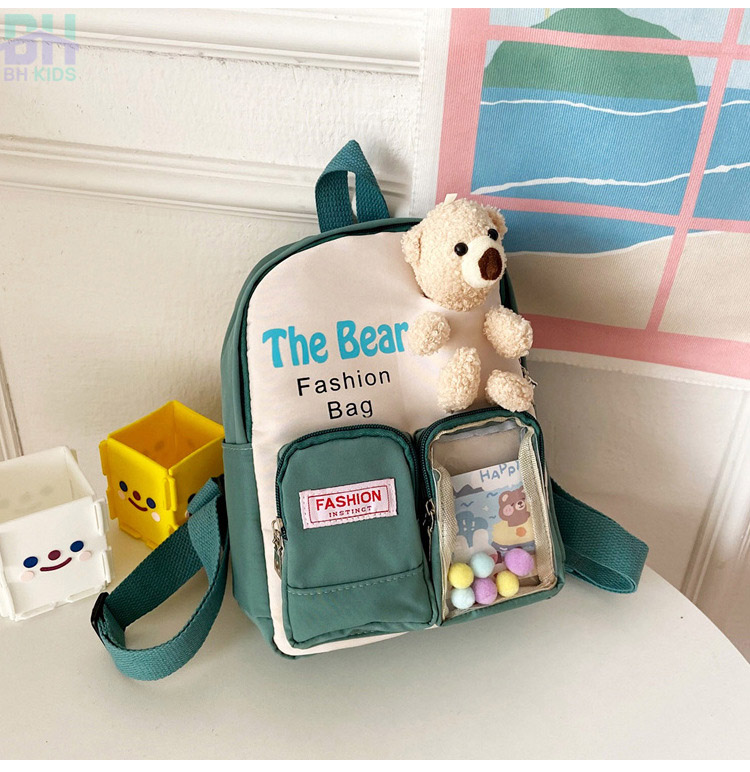 Hình ảnh Balo kèm gấu bông xinh xắn BH Kids, chất vải Canvas, phù hợp với bé mẫu giáo, mầm mon - BHS34