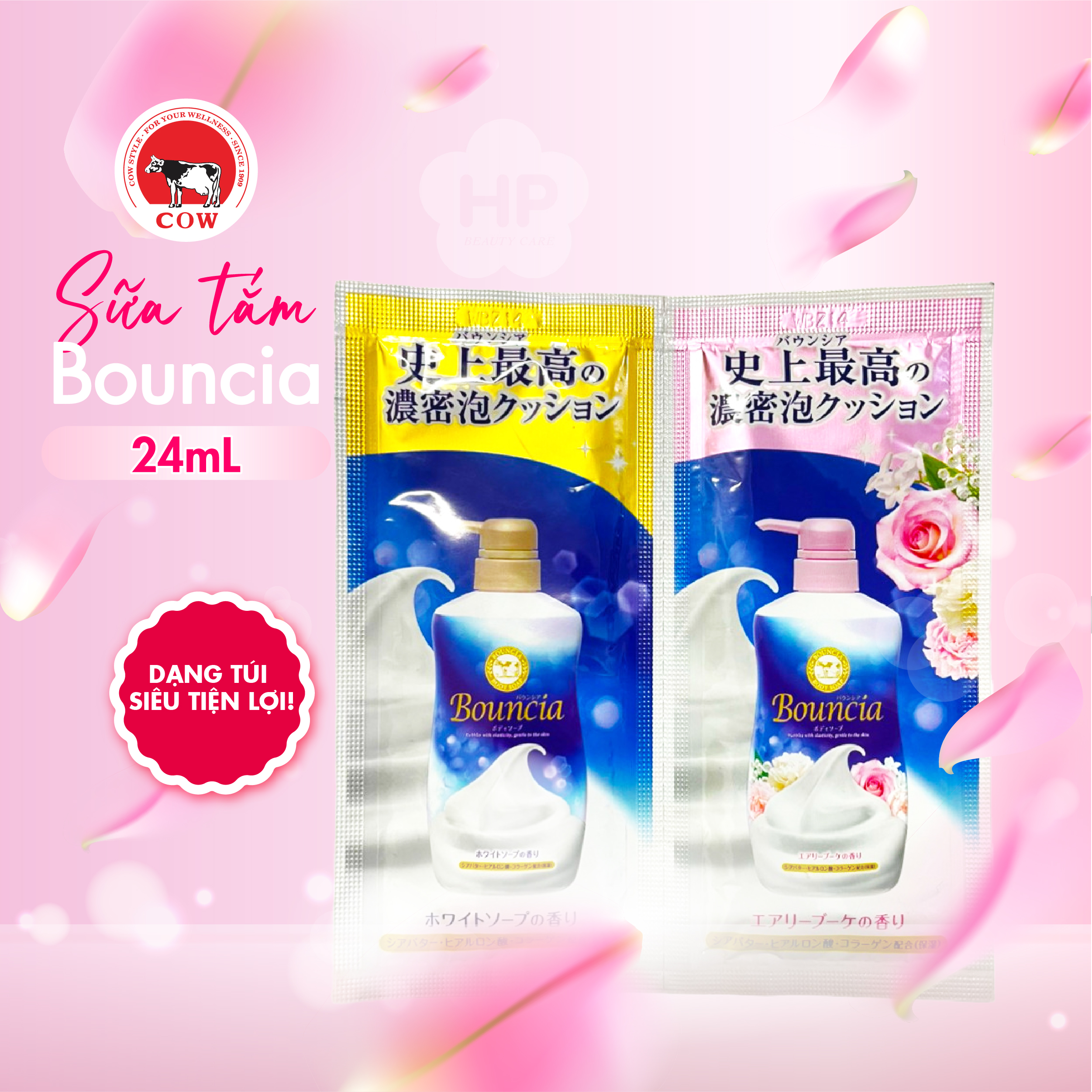 Set Sữa Tắm Trắng Da Dưỡng Ẩm Tẩy Da Chết Cow Bouncia (Set 24ML)