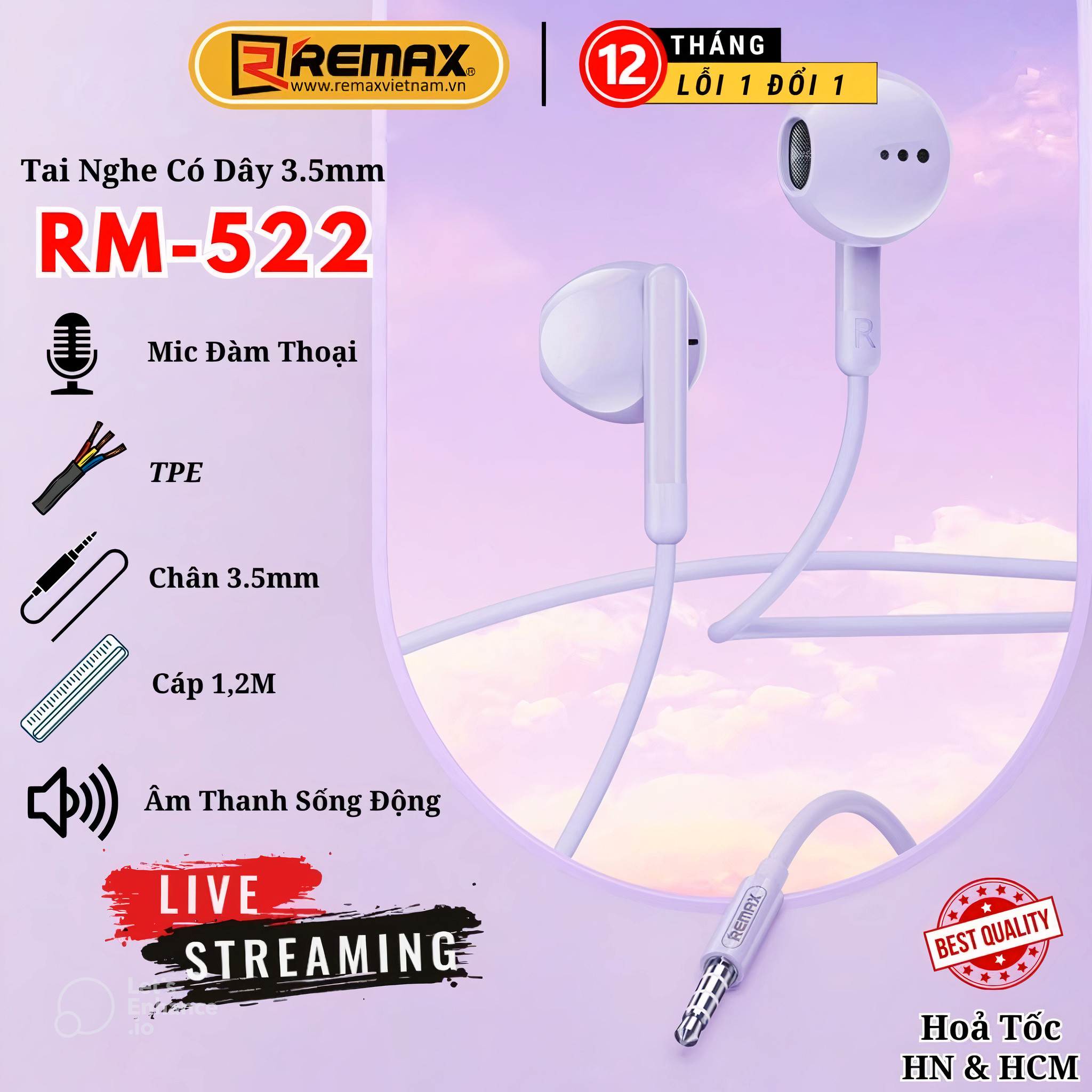 Tai Nghe Có Dây Chân 3.5mm Có Mic Remax RM-522 Hàng Chính Hãng Remax