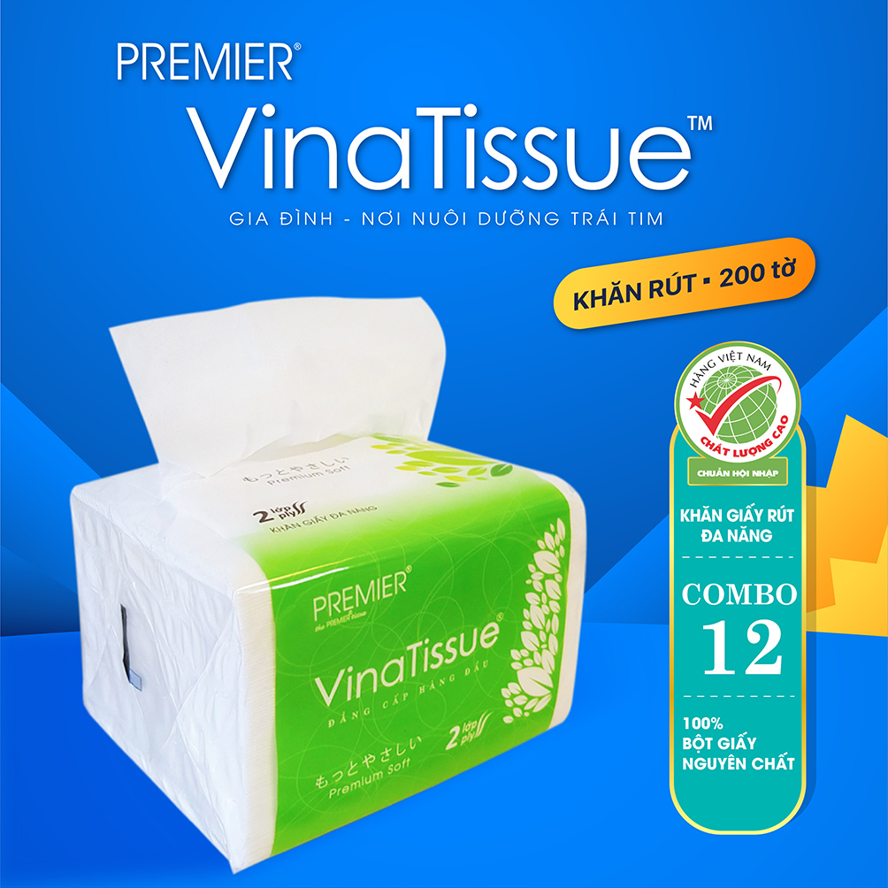 Khăn giấy rút Premier VinaTissue 200 tờ - Combo 12 gói