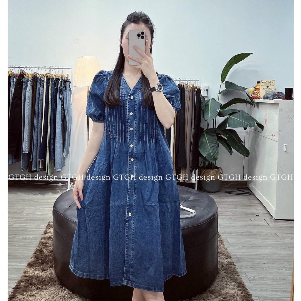 ĐẦM JEAN SUÔNG CỔ V-váy bò babydoll xếp ly đẹp