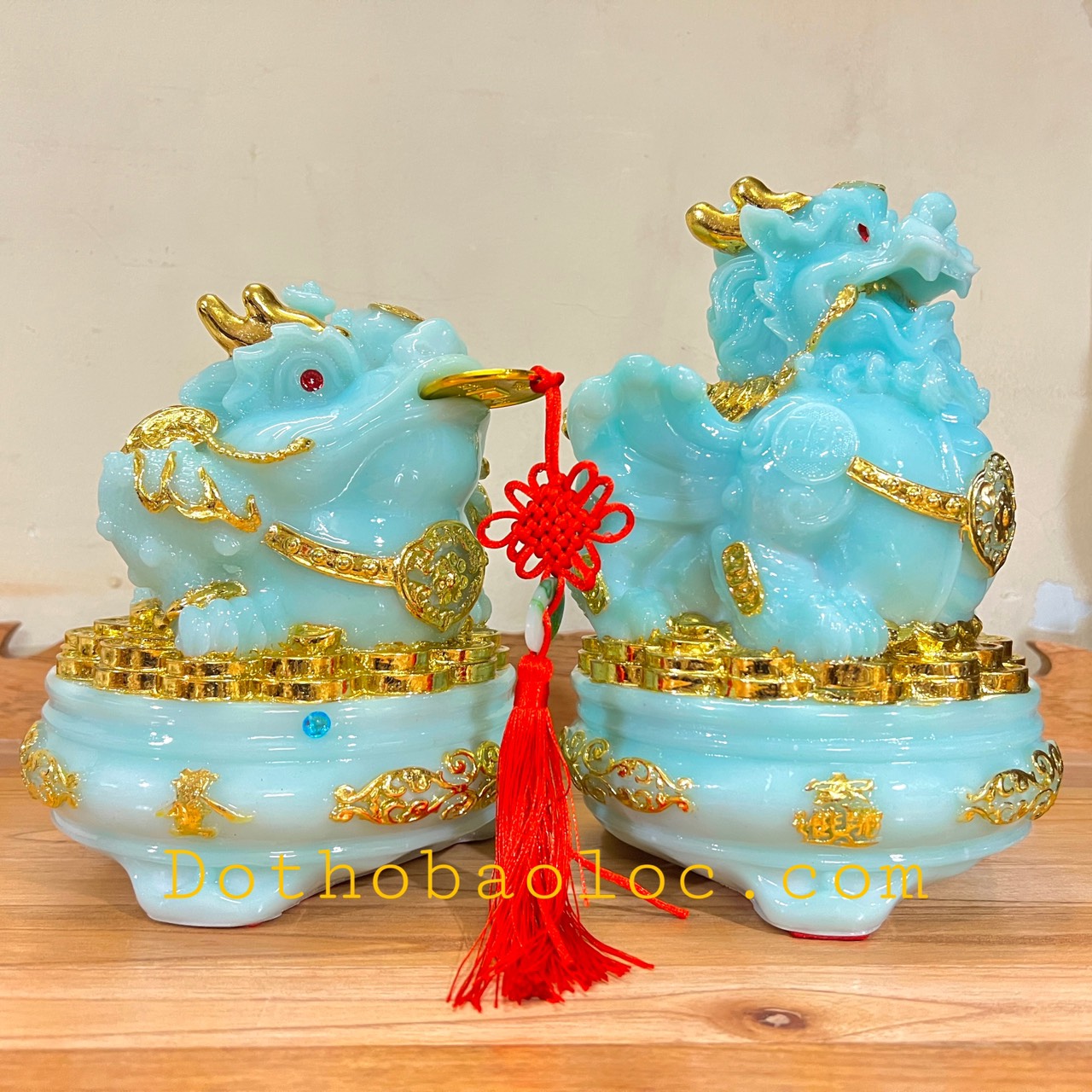 Com bo Tượng Tỳ Hưu phong thủy và tượng thiềm thừ phong thủy để bàn thờ thần tài – Màu xanh cỡ lớn