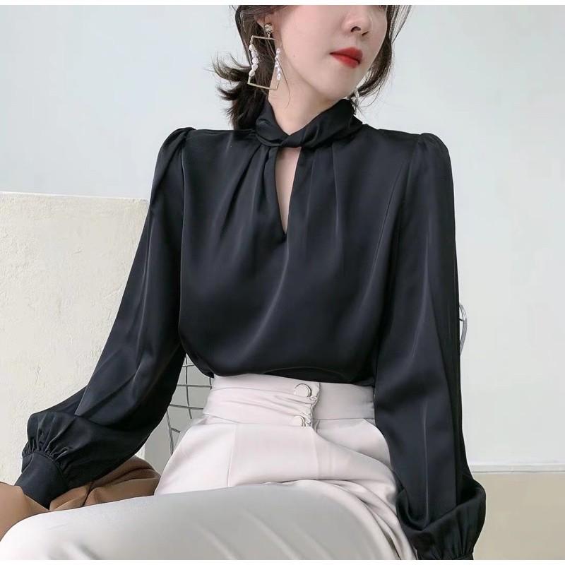Áo sơ mi nữ lụa satin cổ xoắn m109