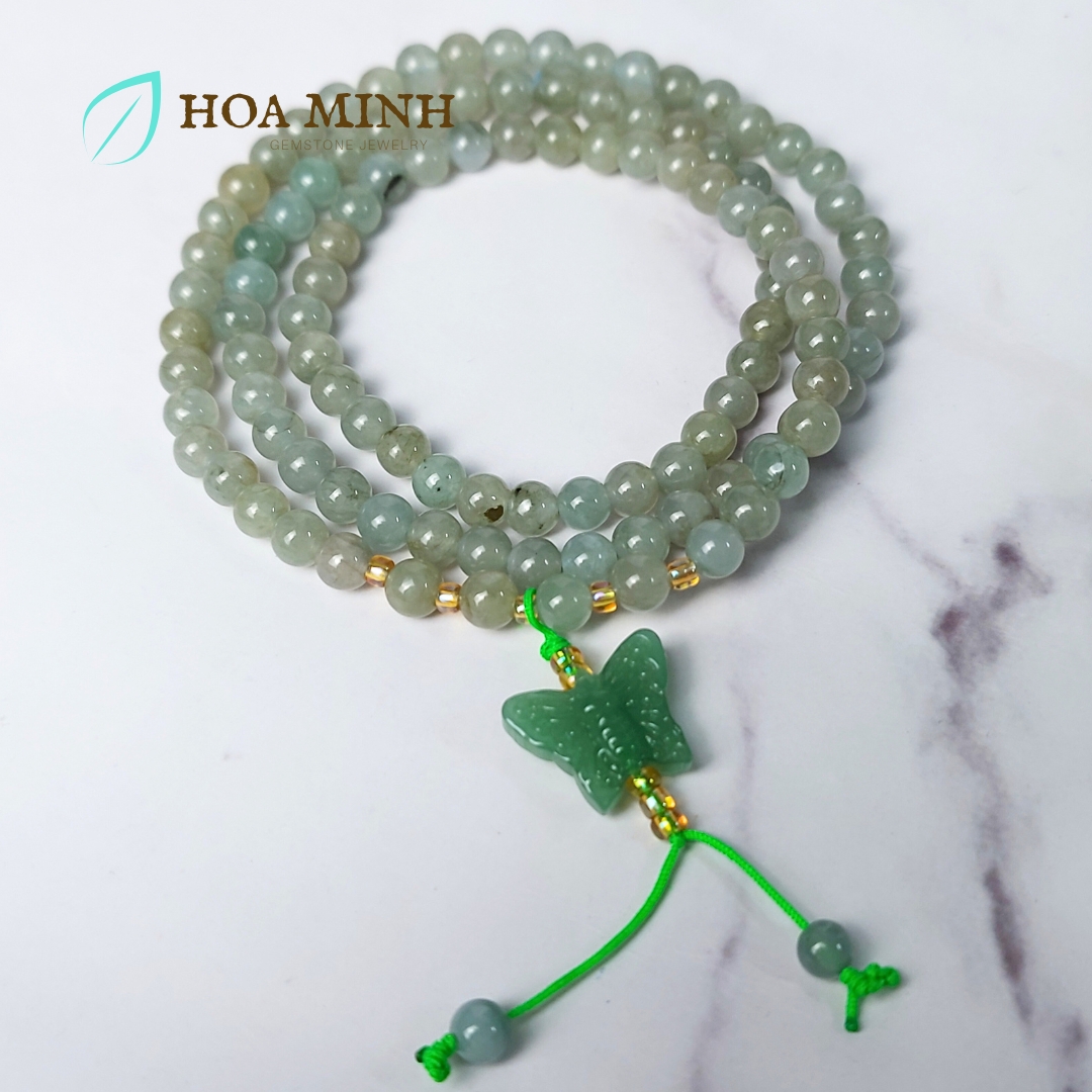 Vòng tay chuỗi 108 hạt Ngọc Cẩm Thạch Lam Dầu A size 5.3 li phối charm đá thạch anh aventurine mỹ miều tuyệt đẹp