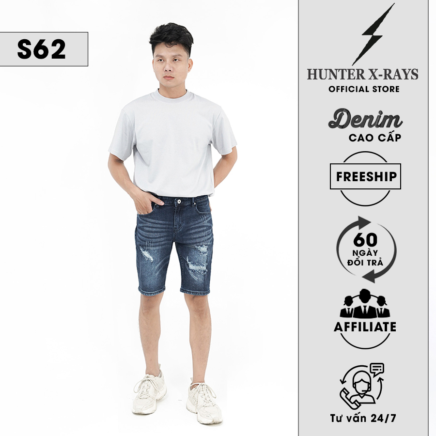 Quần Short Jeans Nam Rách Cao Cấp HUNTER X-RAYS Form Slimfit Thun Màu Xanh S62