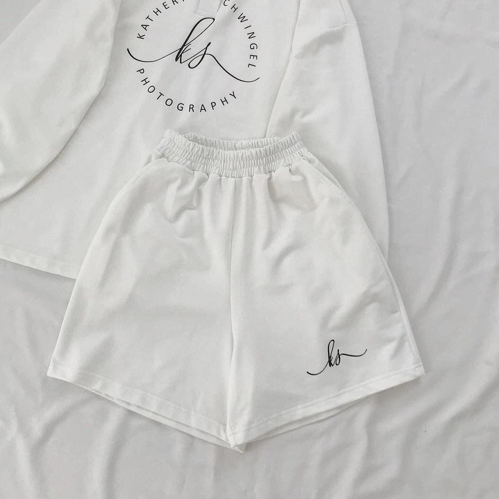 Set đồ nam nữ form rộng unisex-áo polo dài tay cúc cài kèm quần short đùi logo chất thun tăm