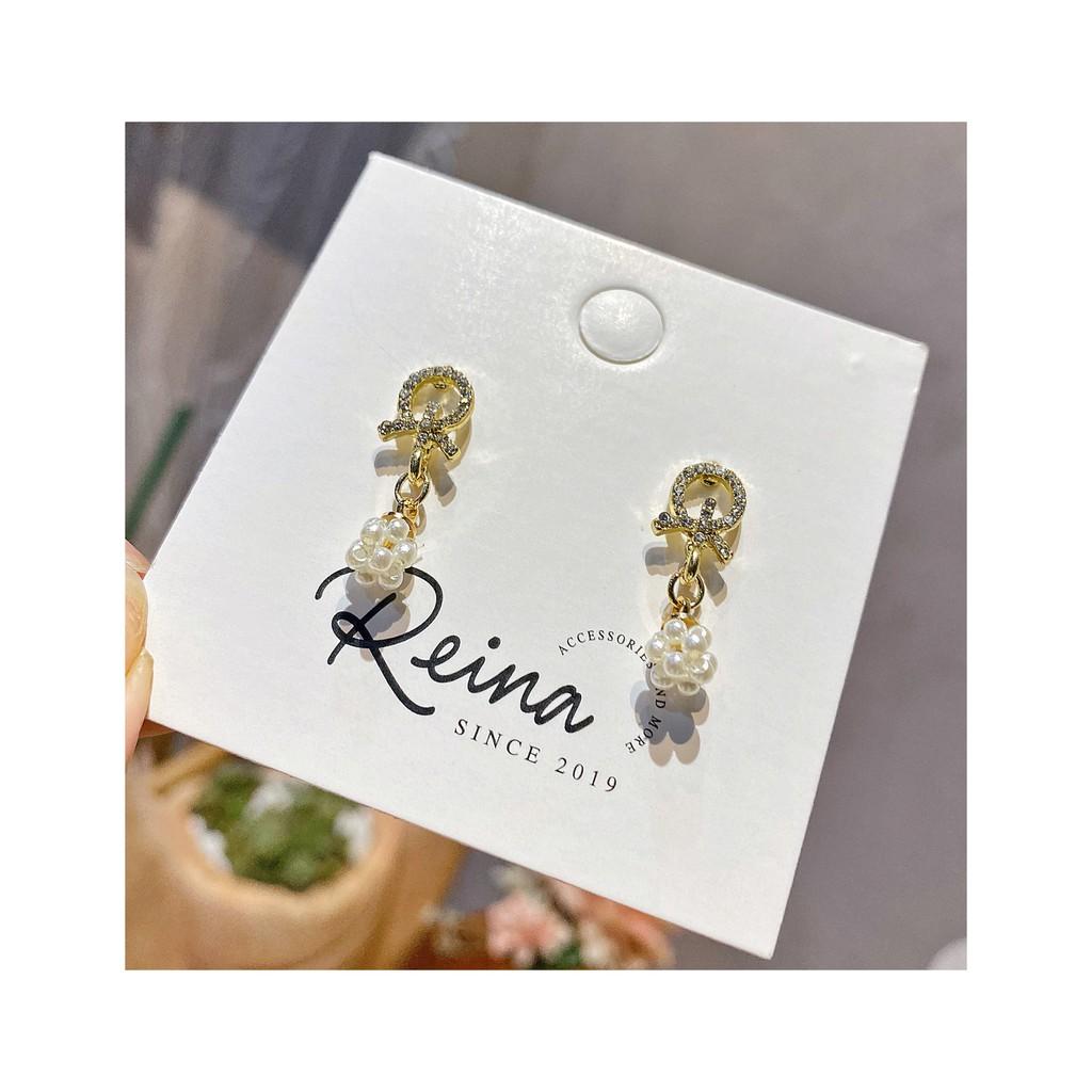 Khuyên tai nữ phong cách Hàn Quốc nơ kim tuyến Reina đính hạt cao cấp
