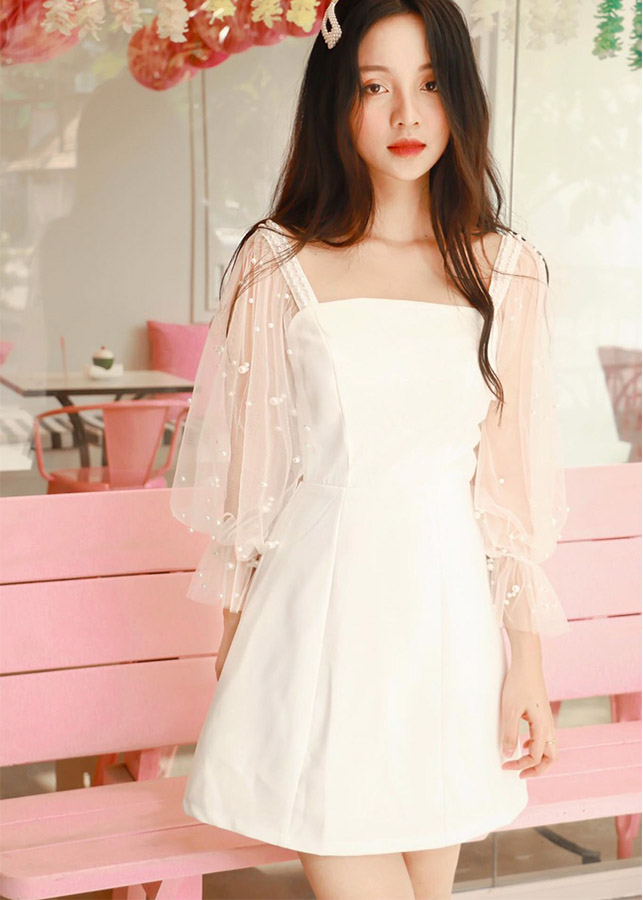 Đầm dự tiệc tay lưới đính hạt cao cấp