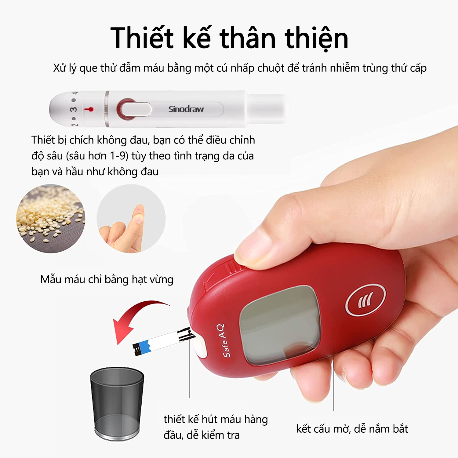 Combo hộp 50 que thử đường huyết và 50 kim lấy máu cho máy đo đường huyết Sinocare Safe AQ