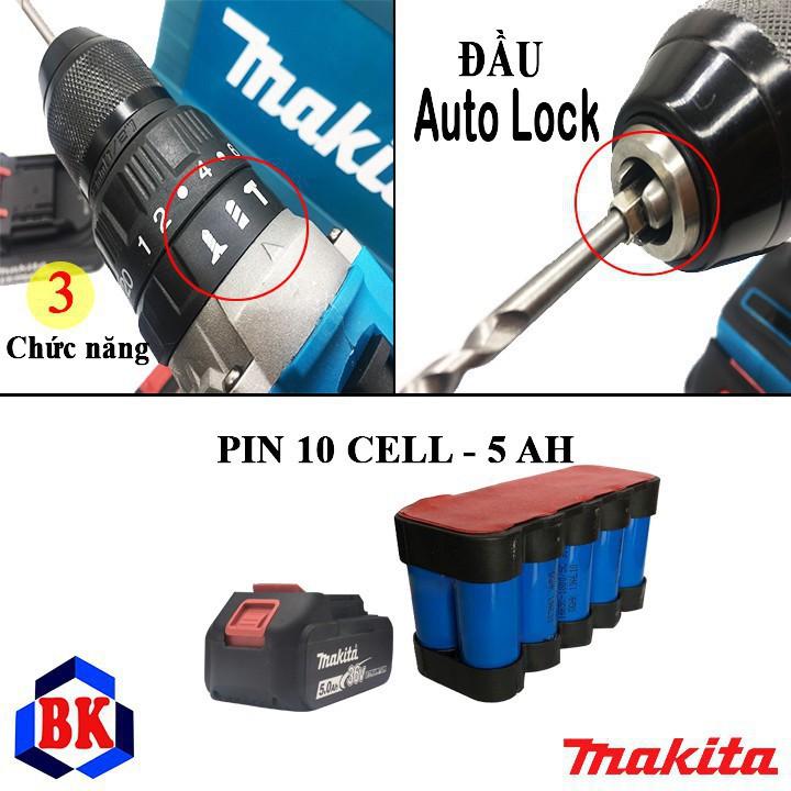 Máy Khoan Pin Makita 36v Không Than Có Búa, Pin 10 CELL AutoLock 13 Ly - Bắt Vít, Siết Bulong