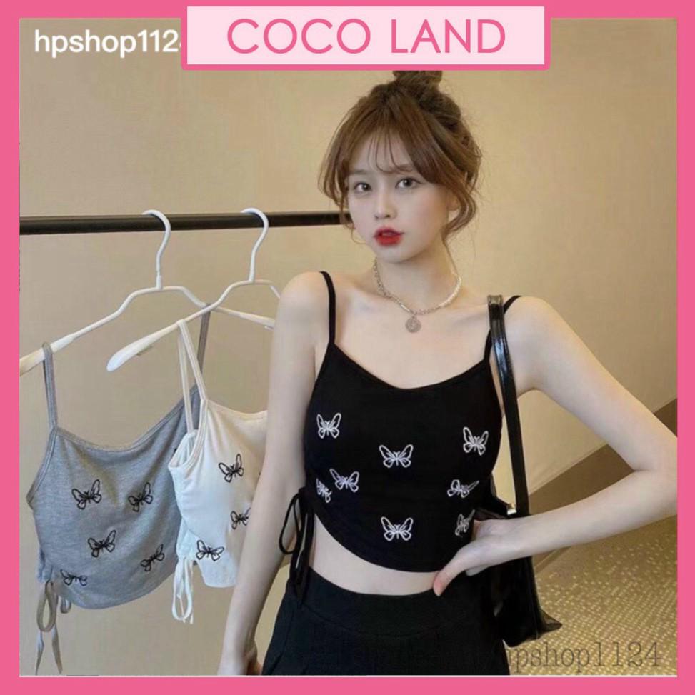 Áo bra 2 dây dáng croptop dây rút sườn hoạ tiết hình bướm có 3 màu đen, ghi, trắng coco land - chất bền