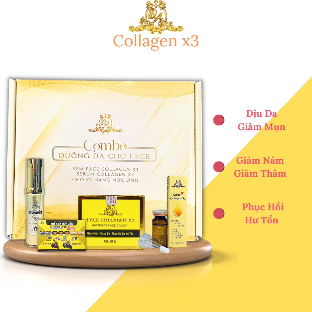 Combo Kem Face - Serum - Chống Nắng Collagen X3 Dưỡng Trắng Dưỡng Ẩm Da Mỹ Phẩm Đông Anh Chính Hãng CB01