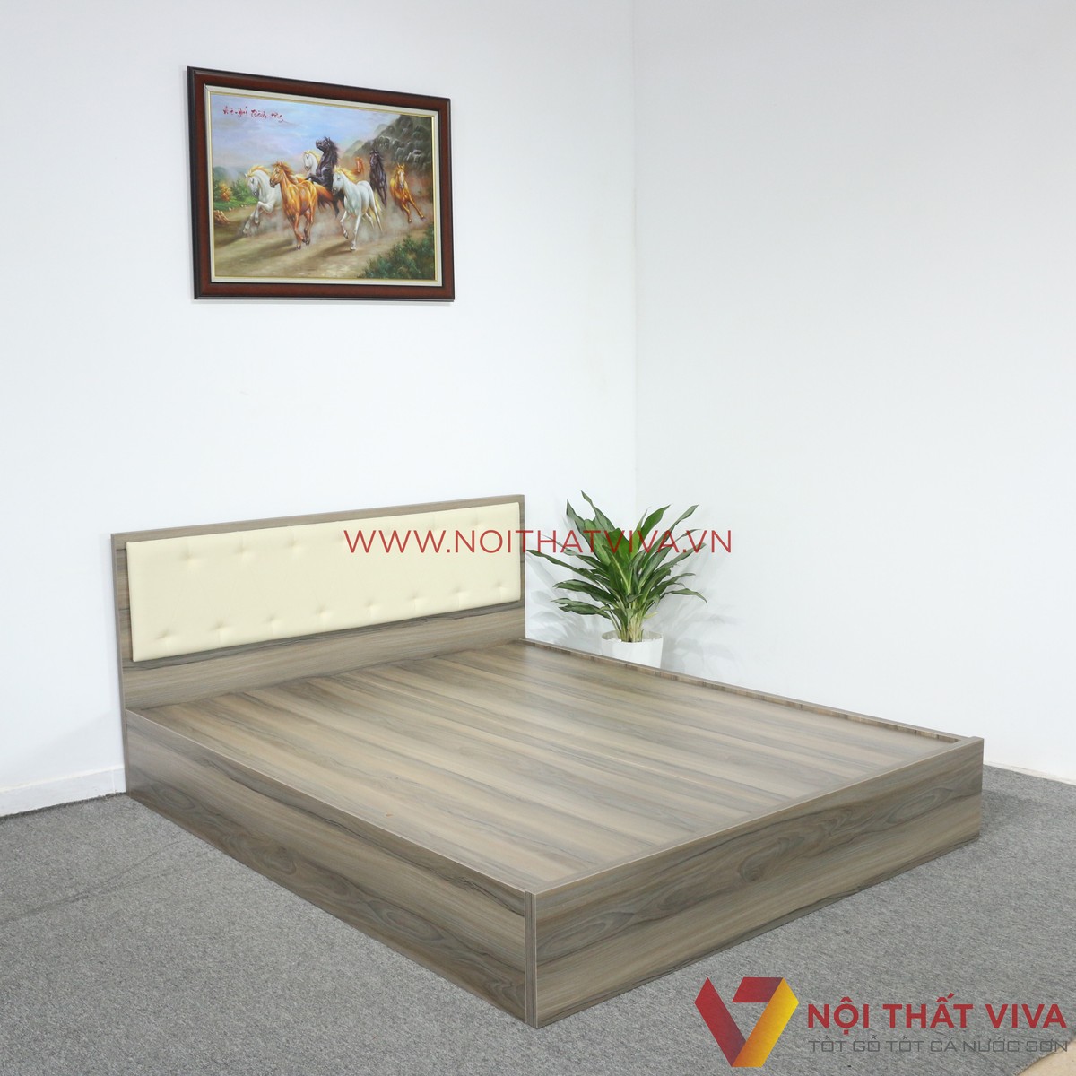 Giường Ngủ Gỗ MDF Melamine Màu Nết Có Đầu Nệm Kem Đẹp