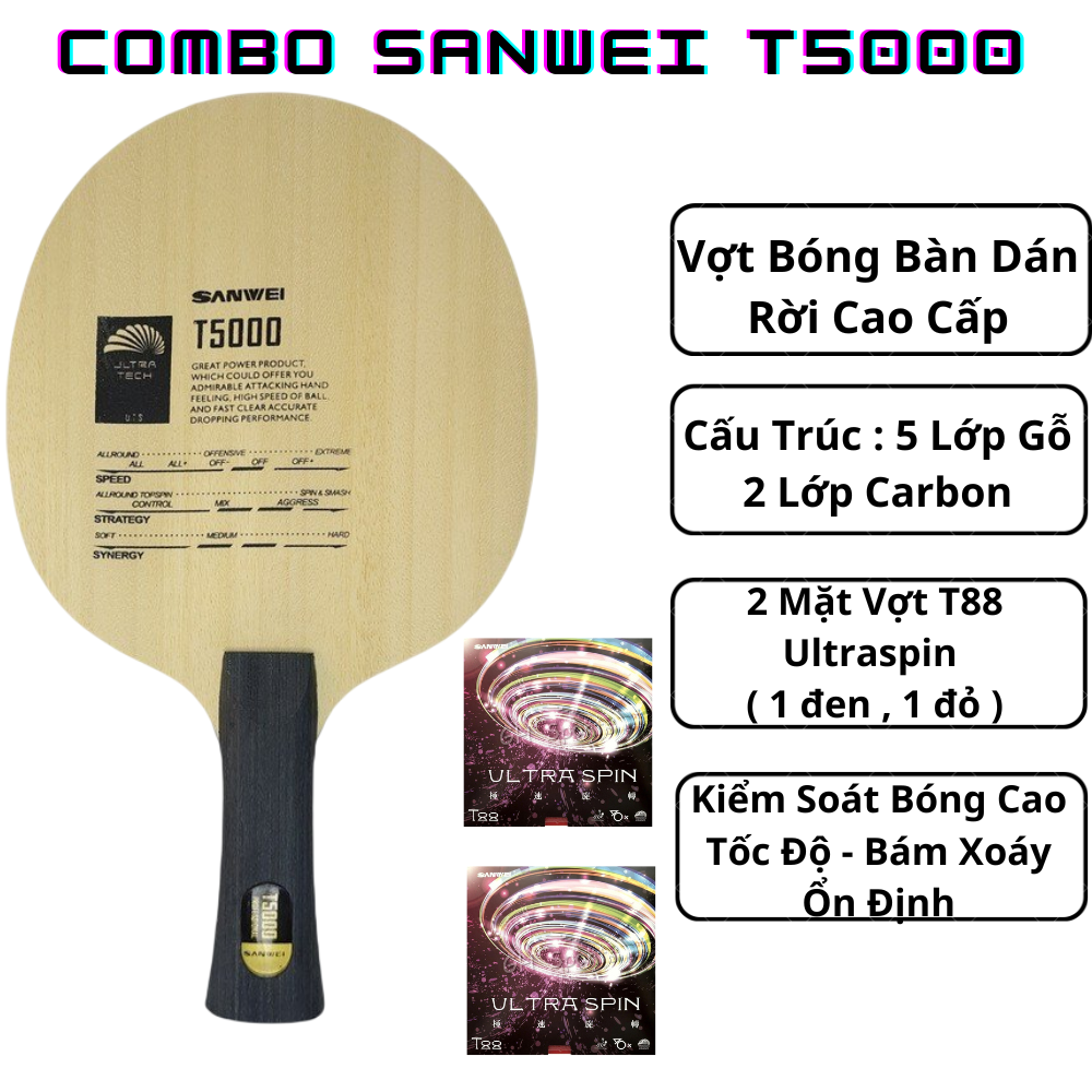 Combo 1 Vợt Bóng Bàn Dán Rời Chuyện Nghiệp : Cốt Sanwe T5000 + 2 Mặt T88 Ultraspin