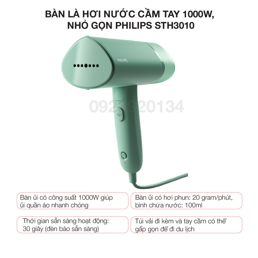 Bàn là hơi nước cầm tay 1000w, nhỏ gọn Philips STH3010 - Hàng chính hãng