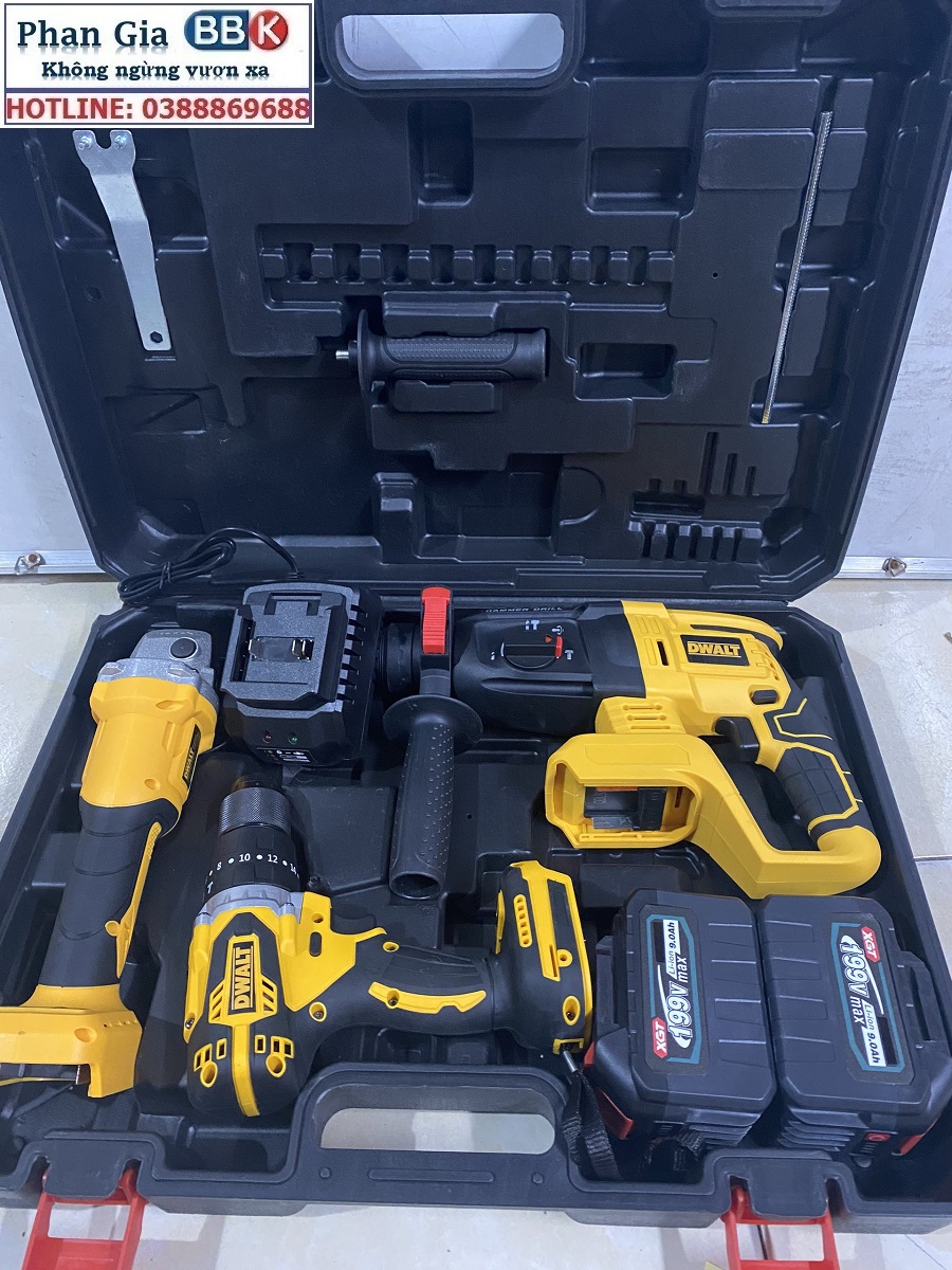 Bộ Combo Máy Khoan Đục Bê Tông, Máy Mài Và Máy Khoan Pin Dùng Pin 199V, 2 Pin 15Cell, Động Cơ Không Chổi Than, Bảo Hành 12 Tháng