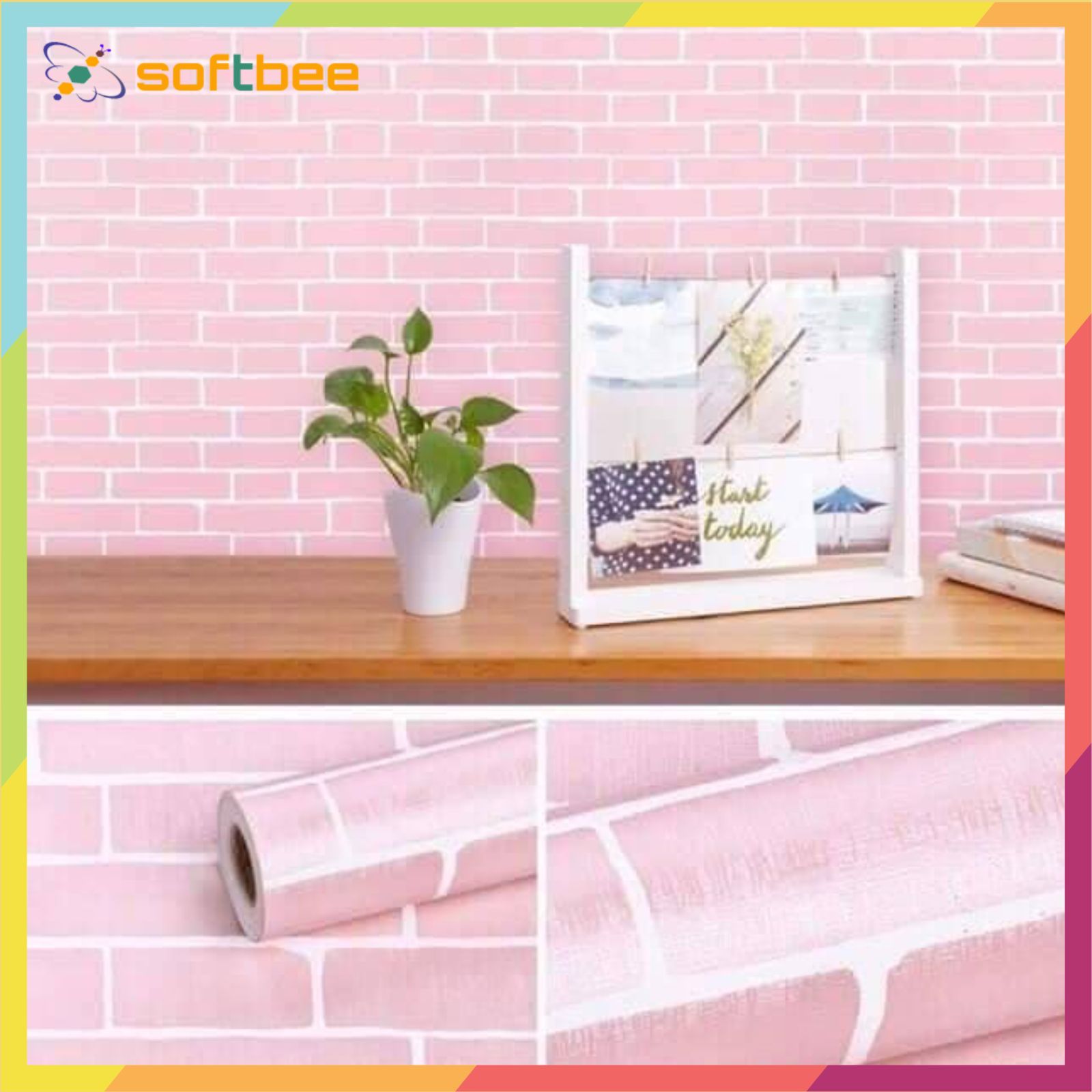 Decal dán tường có sẵn keo in hình gạch thẻ phông hồng, kích thước 0.45m x 10m / cuộn, có sẵn keo mặt sau