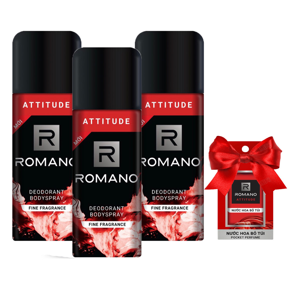 Bộ 3 chai xịt khử mùi  Romano Attitude 150ml +Tặng kèm nước hoa bỏ túi Romano 18ml (Màu ngẫu nhiên)