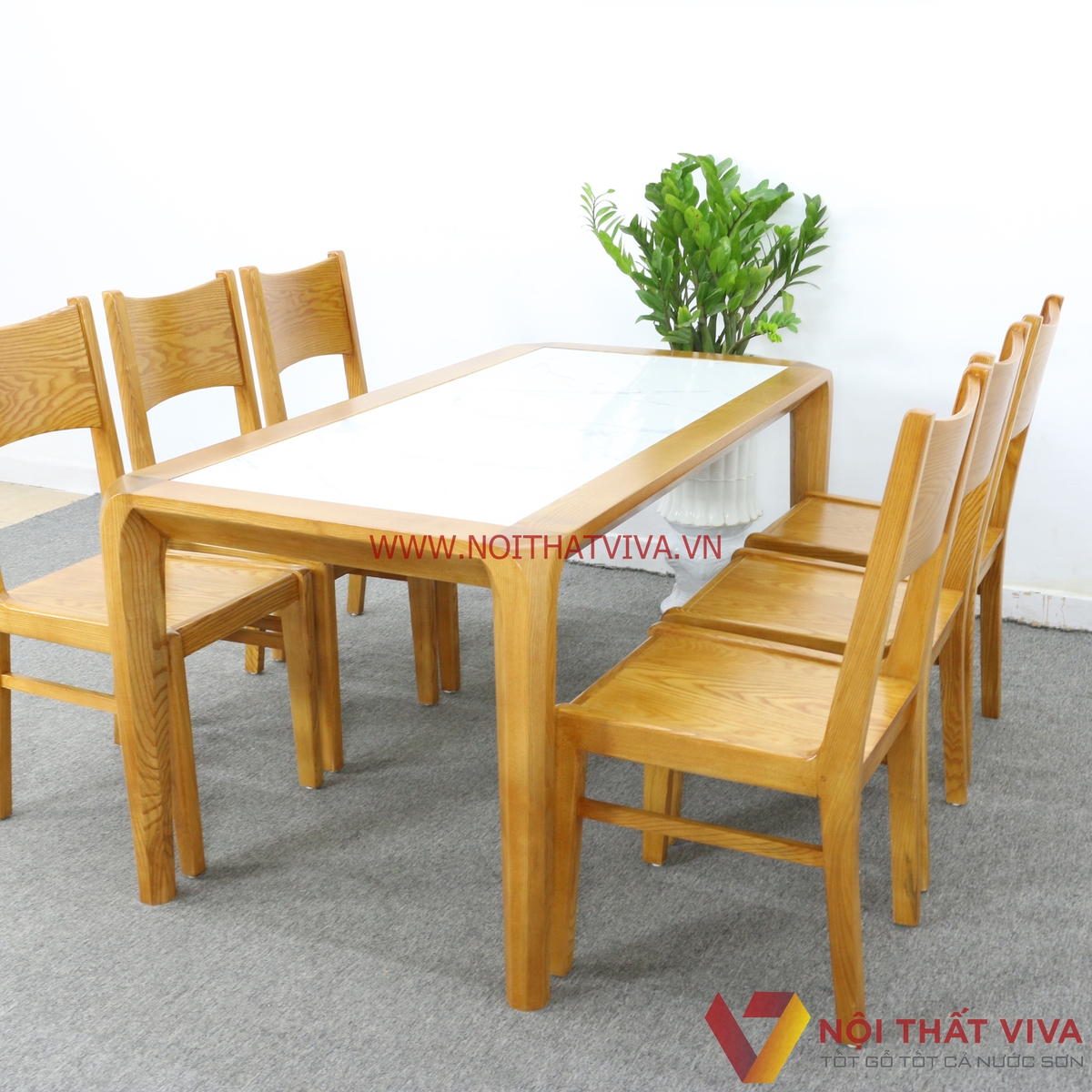 Bàn Ăn 6 Ghế Mặt Đá Lọt Gỗ Sồi Nga Màu Tự Nhiên Đẹp Hiện Đại