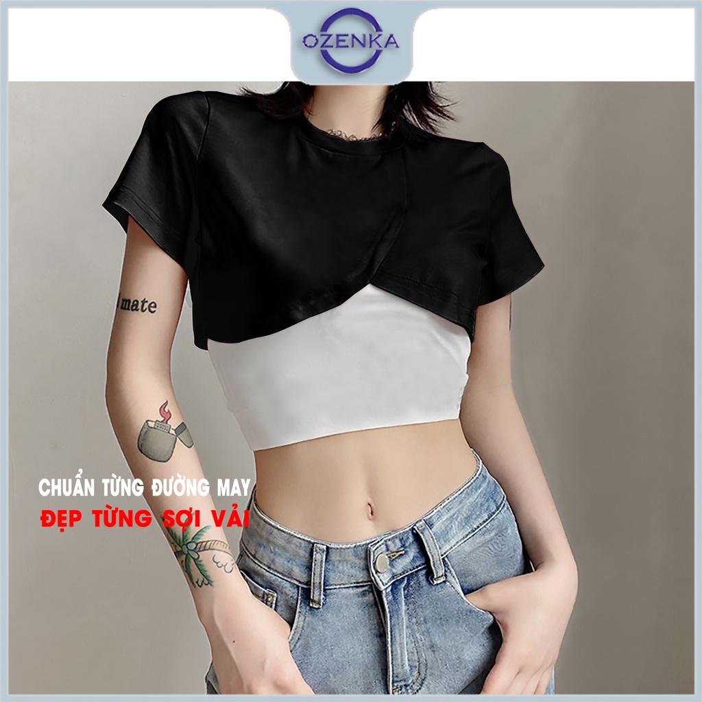 Áo croptop ngắn kiểu đắp chéo cộc tay nữ OZENKA , áo crt gợi cảm ulzzang cotton màu đen trắng dưới 55 cân