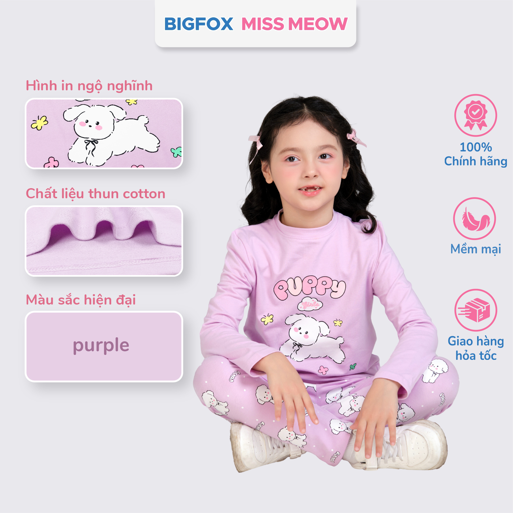 Bộ đồ dài tay cho bé gái Bigfox Miss Meow thu đông size đại vải thun cotton mặc nhà 3-11 tuổi 35kg