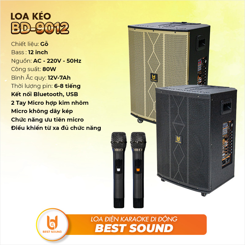 [ 2 MICRO KHÔNG DÂY UHF + REMOTE ] Loa Kéo Gỗ B&amp;D Model 9012 New, Công Suất 80W, Bass 12 Inch - Hàng Chính Hãng