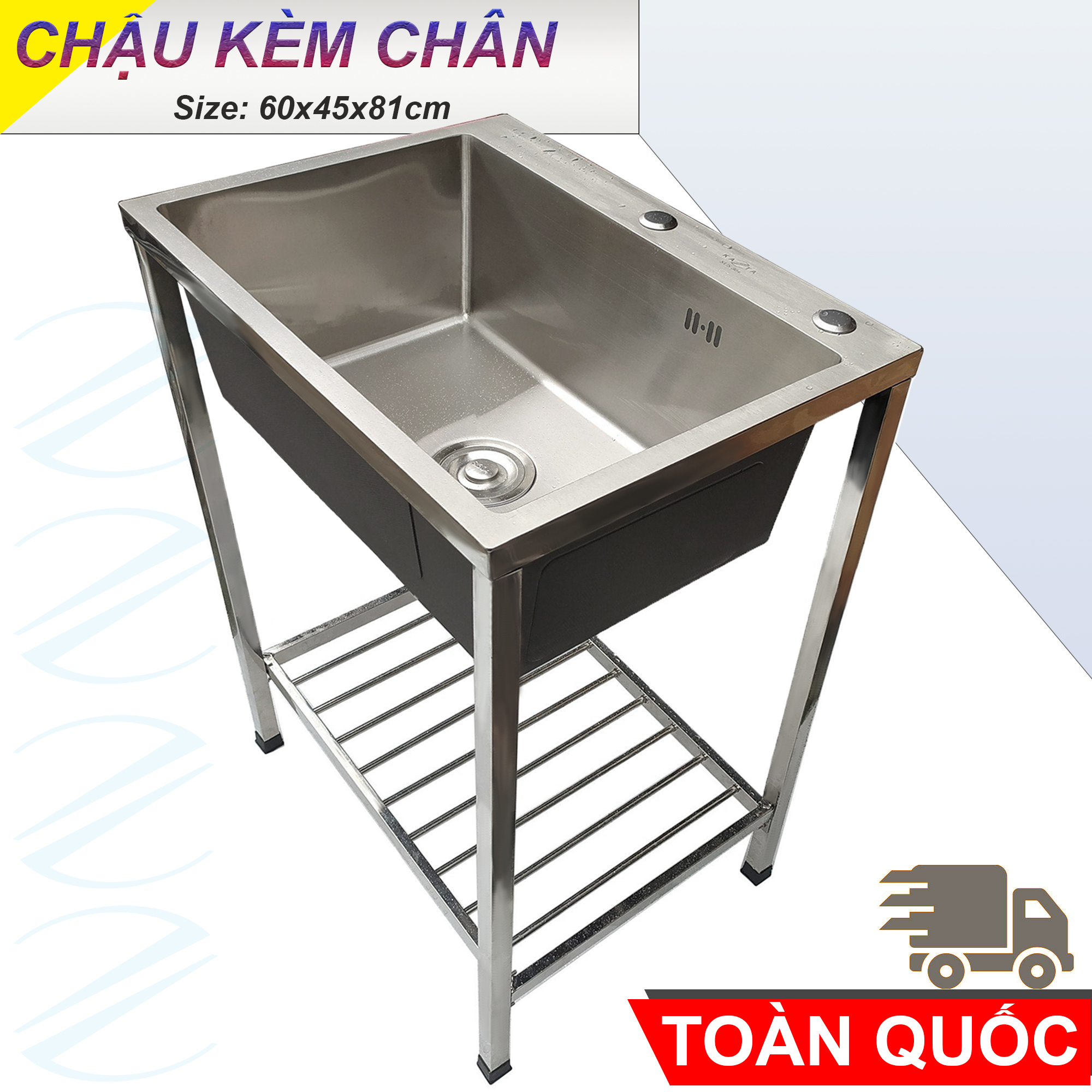 COMBO Chậu Rửa Chén Bát 1 Hộc 60x45cm Có Chân Kèm Vòi Inox Nóng Lạnh - Gồm kệ chân, chậu, vòi, bộ xả, tặng đầu xịt xà bông