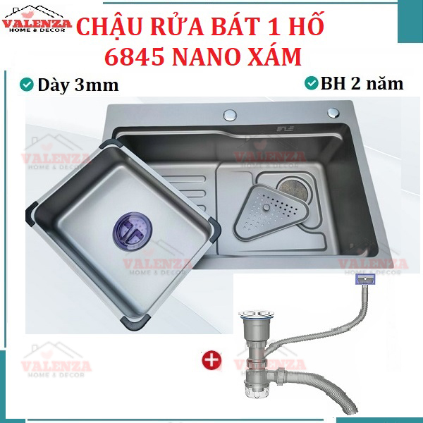 Chậu rửa bát 1 hố lớn 68x45cm sus304 nano xám Valenza kèm khay inox, bộ xả to ngăn mùi-Dày 3li