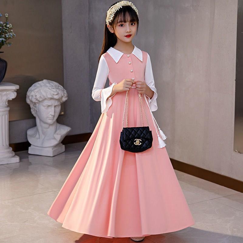 SHUANGYAN Mùa xuân trang phục cô gái váy dài tay áo công chúa váy trung bình lớn trẻ em trang phục tây dài váy lưới cô gái nhỏ
