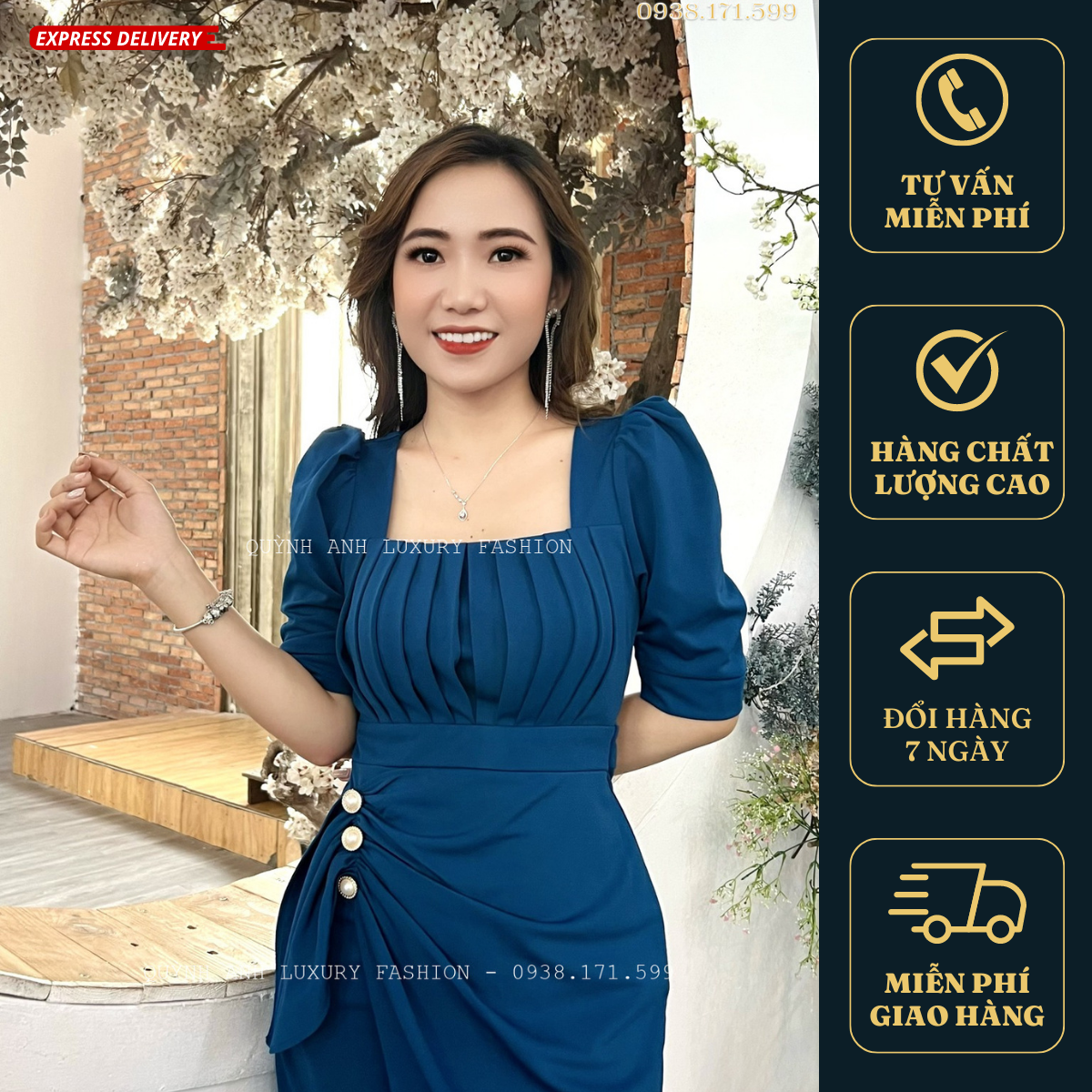 Đầm Ôm Body Xanh Xếp Ly Thanh Lịch Tay Phồng Kết Ngọc Trai Mei Dress