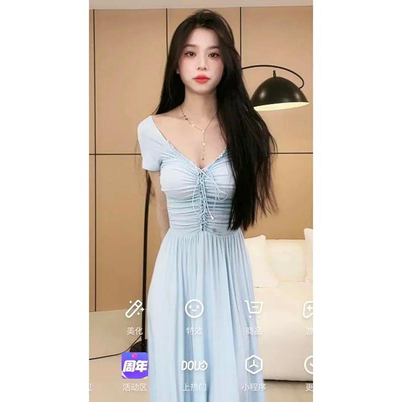 DIYIWEI Phong cách Pháp, thắt lưng, tay áo ngắn, váy cổ chữ V, váy dài mùa hè đơn giản, cao cấp.