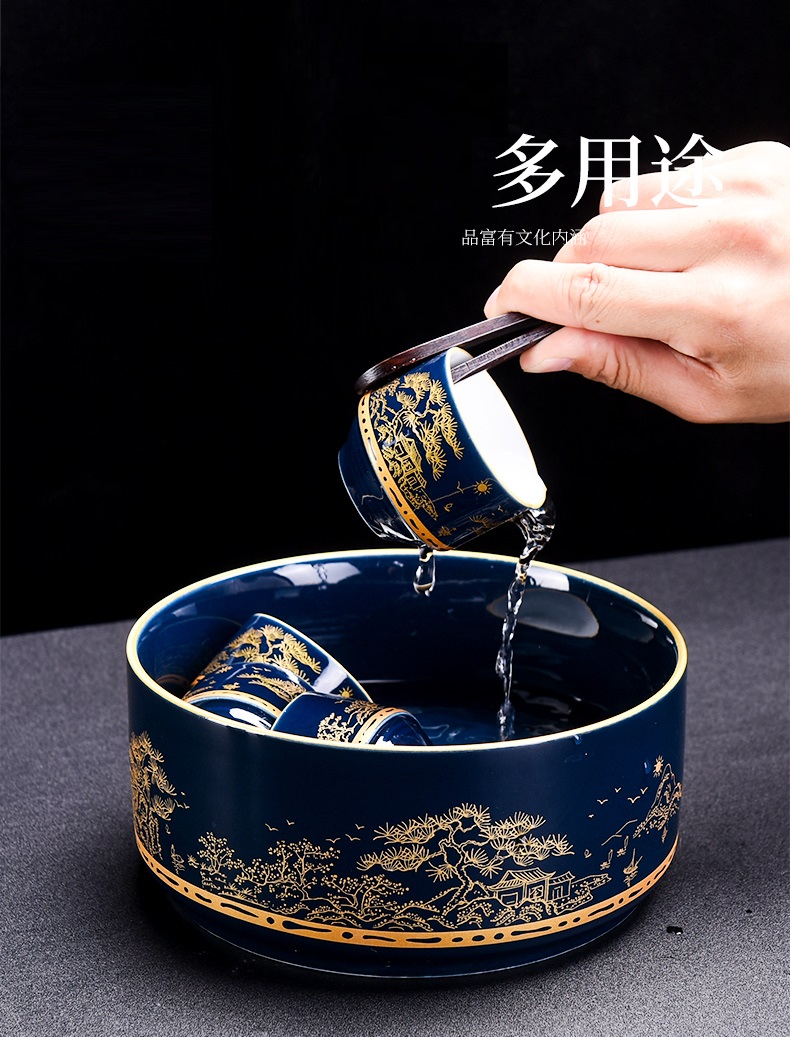 Bộ ấm chén pha trà đạo tự động Kiểu Cối Xay cao cấp vẽ tay họa tiết Sơn Thủy Vàng 24K